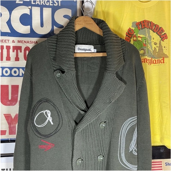 Desigual green knitted sweater cardigan for men size XL used embroidered pattern - Picture 1 of 8